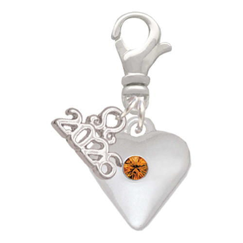 Silver Plated Large November - Yellow Crystal Heart - Silver Plated Clip on Charm with Mini Year 2026: Year to Remember Jewelry Gift - Celebrations