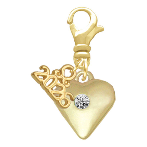 Gold-tone Large Clear Crystal Heart - Gold-tone Plated Clip on Charm with Mini Year 2026: Year to Remember Jewelry Gift - Celebrations