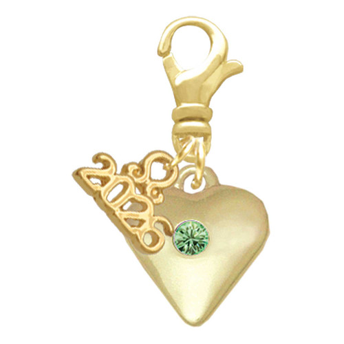 Gold-tone Large Lime Green Crystal Heart - Gold-tone Plated Clip on Charm with Mini Year 2026: Year to Remember Jewelry Gift - Celebrations