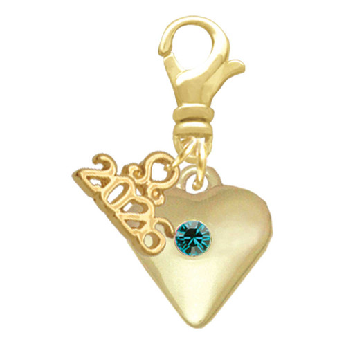 Gold-tone Large Teal Crystal Heart - Gold-tone Plated Clip on Charm with Mini Year 2026: Year to Remember Jewelry Gift - Celebrations