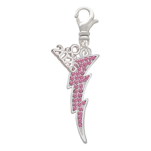 Silver Plated Large Hot Pink Crystal Lightning Bolt - Silver Plated Clip on Charm with Mini Year 2026: Year to Remember Jewelry Gift - Celebrations