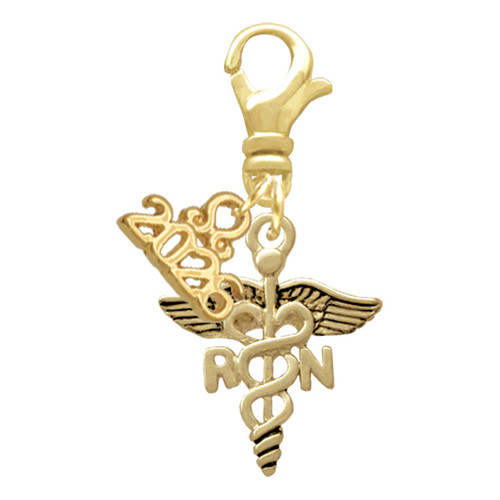 Gold-tone Registered Nurse Caduceus - Gold-tone Plated Clip on Charm with Mini Year 2026: Year to Remember Jewelry Gift - Celebrations