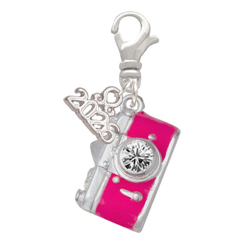 Silver Plated Pink Camera - Silver Plated Clip on Charm with Mini Year 2026: Year to Remember Jewelry Gift - Celebrations