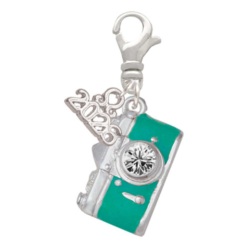 Silver Plated Teal Camera - Silver Plated Clip on Charm with Mini Year 2026: Year to Remember Jewelry Gift - Celebrations