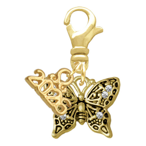 Gold-tone Small Antiqued Crystal Butterfly - Gold-tone Plated Clip on Charm with Mini Year 2026: Year to Remember Jewelry Gift - Celebrations