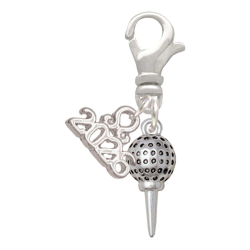 Silver Plated Small Golf Ball on Tee - Silver Plated Clip on Charm with Mini Year 2026: Year to Remember Jewelry Gift - Celebrations