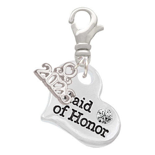 Silver Plated Large Maid of Honor Heart - Silver Plated Clip on Charm with Mini Year 2026: Year to Remember Jewelry Gift - Celebrations