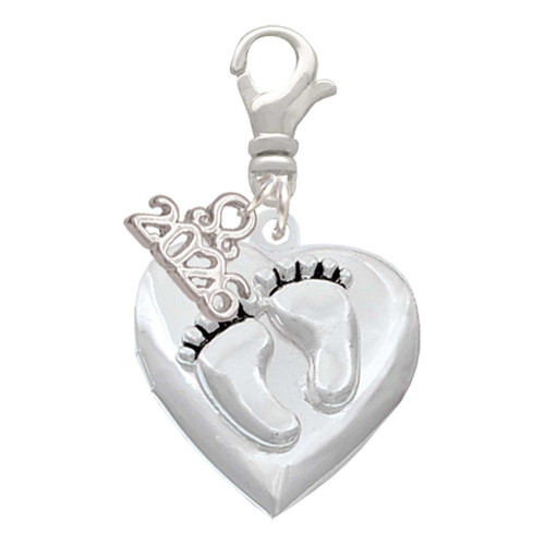 Silver Plated Baby Feet Heart Locket - Silver Plated Clip on Charm with Mini Year 2026: Year to Remember Jewelry Gift - Celebrations