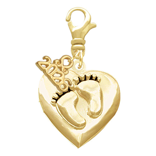 Gold-tone Baby Feet Heart Locket - Gold-tone Plated Clip on Charm with Mini Year 2026: Year to Remember Jewelry Gift - Celebrations