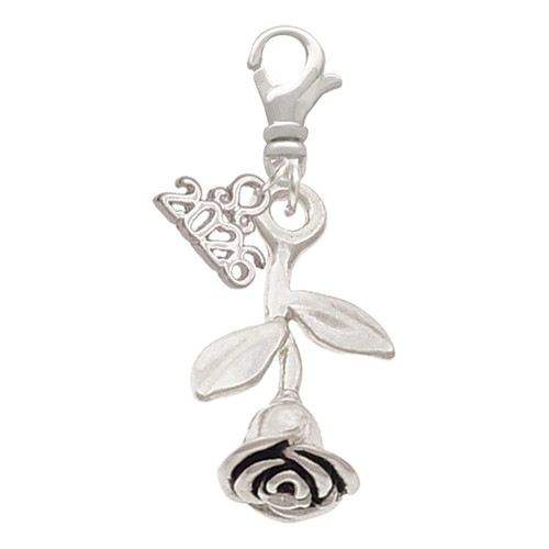 Silver Plated Stemmed Rose - Silver Plated Clip on Charm with Mini Year 2026: Year to Remember Jewelry Gift - Celebrations