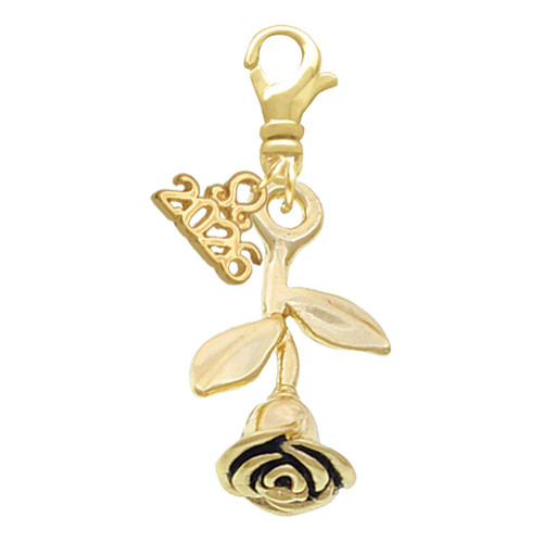 Gold-tone Stemmed Rose - Gold-tone Plated Clip on Charm with Mini Year 2026: Year to Remember Jewelry Gift - Celebrations