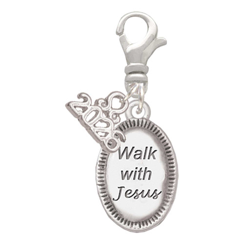 Silver Plated Walk with Jesus Oval - Silver Plated Clip on Charm with Mini Year 2026: Year to Remember Jewelry Gift - Celebrations
