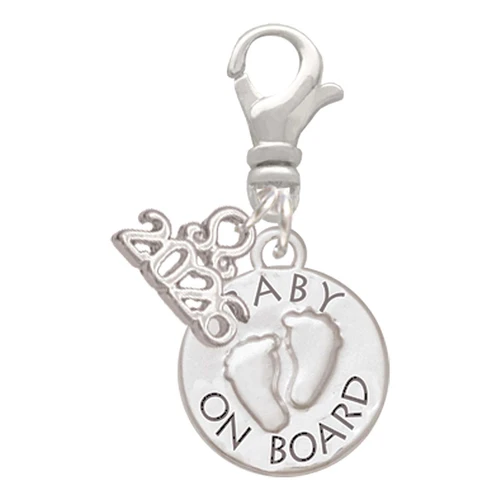 Silver Plated Baby on Board with Feet - Silver Plated Clip on Charm with Mini Year 2026: Year to Remember Jewelry Gift - Celebrations