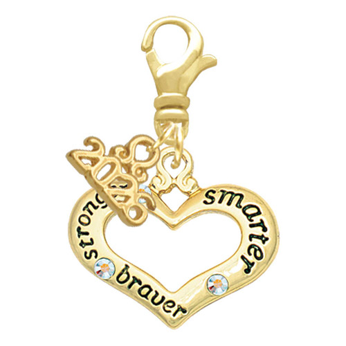 Gold-tone Heart with 3 AB Crystals - Stronger Braver Smarter - Gold-tone Plated Clip on Charm with Mini Year 2026: Year to Remember Jewelry Gift - Celebrations
