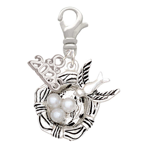 Silver Plated Birds Nest with Imitation Pearl Eggs - Silver Plated Clip on Charm with Mini Year 2026: Year to Remember Jewelry Gift - Celebrations