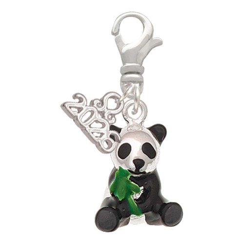 Silver Plated Enamel Sitting Panda - Silver Plated Clip on Charm with Mini Year 2026: Year to Remember Jewelry Gift - Celebrations