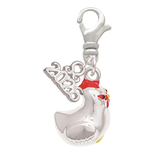 Silver Plated Chicken 3-D - Silver Plated Clip on Charm with Mini Year 2026: Year to Remember Jewelry Gift - Celebrations