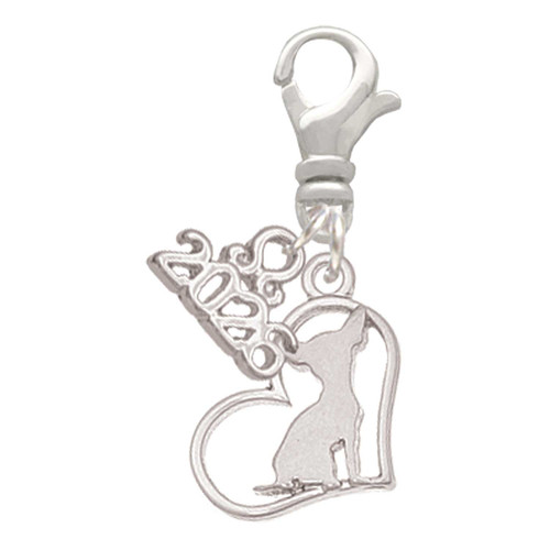 Silver Plated Chihuahua Silhouette Heart - Silver Plated Clip on Charm with Mini Year 2026: Year to Remember Jewelry Gift - Celebrations