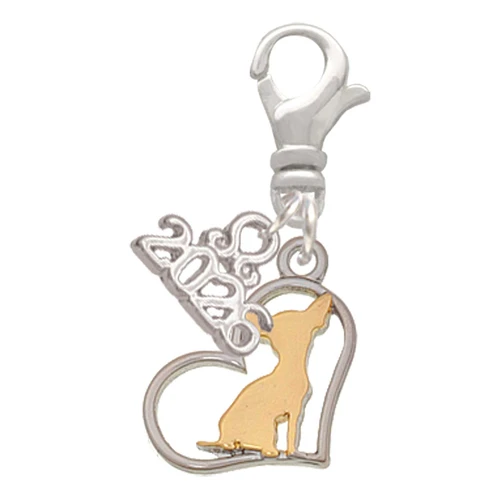 Two-tone Chihuahua Silhouette Heart - Silver Plated Clip on Charm with Mini Year 2026: Year to Remember Jewelry Gift - Celebrations