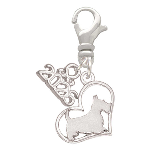 Silver Plated Scottie Dog Silhouette Heart - Silver Plated Clip on Charm with Mini Year 2026: Year to Remember Jewelry Gift - Celebrations