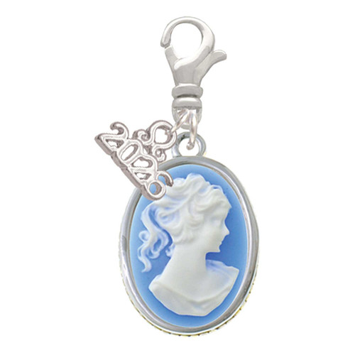 Silver Plated Small Blue Oval Cameo - Silver Plated Clip on Charm with Mini Year 2026: Year to Remember Jewelry Gift - Celebrations