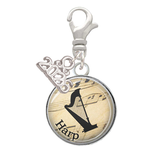 Silver Plated Domed Music - Harp - Silver Plated Clip on Charm with Mini Year 2026: Year to Remember Jewelry Gift - Celebrations