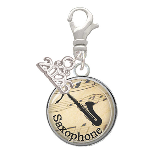 Silver Plated Domed Music - Saxophone - Silver Plated Clip on Charm with Mini Year 2026: Year to Remember Jewelry Gift - Celebrations