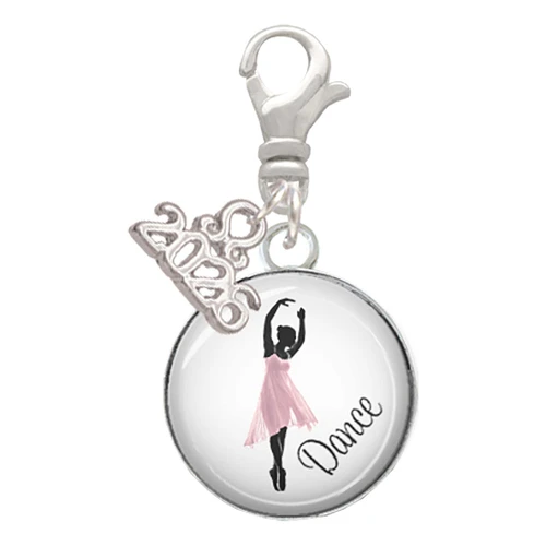 Silver Plated Domed Pink Ballet Dancer - Silver Plated Clip on Charm with Mini Year 2026: Year to Remember Jewelry Gift - Celebrations
