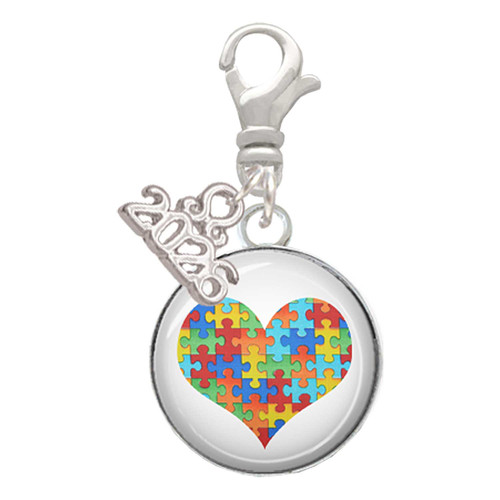 Silver Plated Domed Puzzle Piece Heart - Silver Plated Clip on Charm with Mini Year 2026: Year to Remember Jewelry Gift - Celebrations