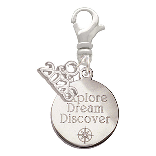 Engraved Explore Dream Discover Disc - Silver Plated Clip on Charm with Mini Year 2026: Year to Remember Jewelry Gift - Celebrations