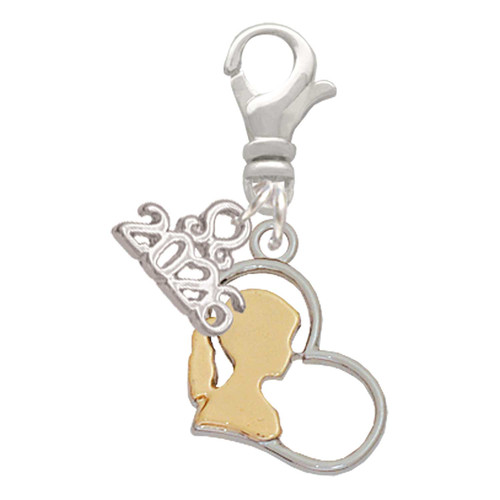 Two-tone Girl Silhouette in Heart - Silver Plated Clip on Charm with Mini Year 2026: Year to Remember Jewelry Gift - Celebrations