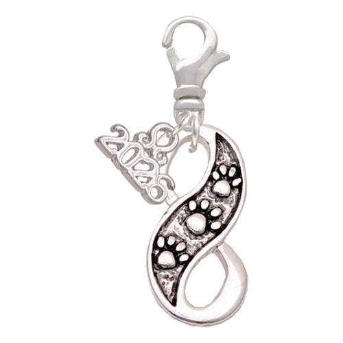 Silver Plated Paw Prints Infinity - Silver Plated Clip on Charm with Mini Year 2026: Year to Remember Jewelry Gift - Celebrations