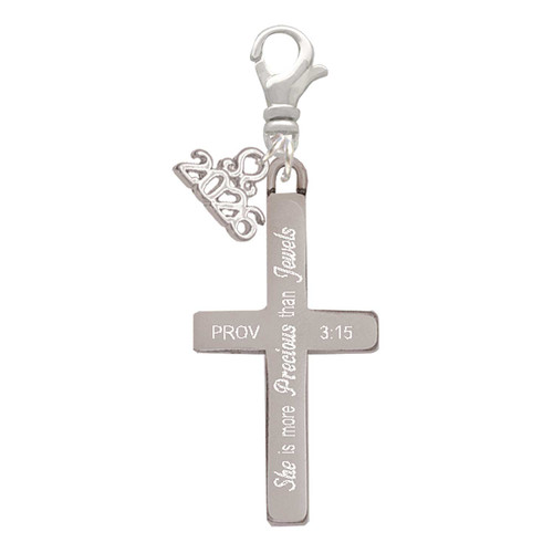 Stainless Steel Proverbs 3:15 - She is Precious Engraved Cross - Silver Plated Clip on Charm with Mini Year 2026: Year to Remember Jewelry Gift - Celebrations