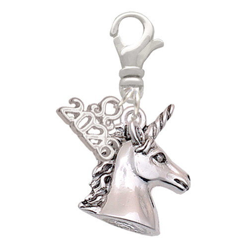 Silver Plated 3-D Unicorn Head - Silver Plated Clip on Charm with Mini Year 2026: Year to Remember Jewelry Gift - Celebrations