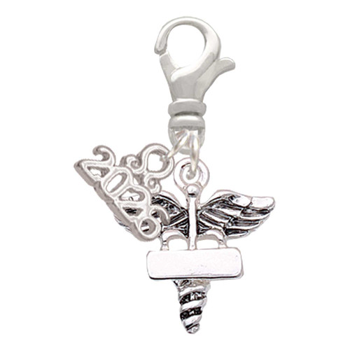 Silver Plated Engravable Caduceus - Silver Plated Clip on Charm with Mini Year 2026: Year to Remember Jewelry Gift - Celebrations