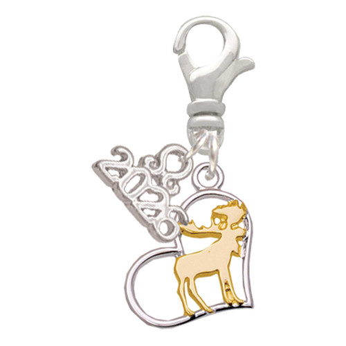 Two-tone Moose in Heart - Silver Plated Clip on Charm with Mini Year 2026: Year to Remember Jewelry Gift - Celebrations