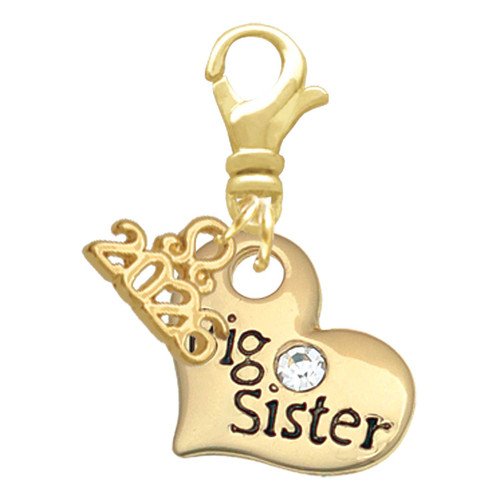 Gold-tone Large Big Sister Heart with Clear Crystal - Gold-tone Plated Clip on Charm with Mini Year 2026: Year to Remember Jewelry Gift - Celebrations