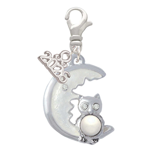 Silver Plated Large Imitation Pearl Owl Sitting on White Moon - Silver Plated Clip on Charm with Mini Year 2026: Year to Remember Jewelry Gift - Celebrations