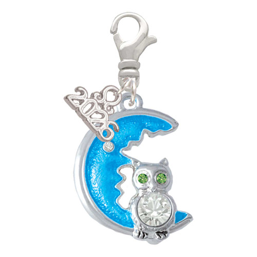 Silver Plated Large Clear Crystal Owl on Hot Blue Moon - Silver Plated Clip on Charm with Mini Year 2026: Year to Remember Jewelry Gift - Celebrations