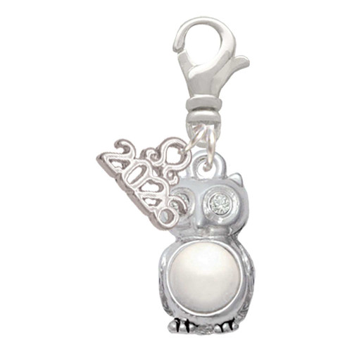 Silver Plated 3-D Imitation Pearl & Clear Crystal Owl - Silver Plated Clip on Charm with Mini Year 2026: Year to Remember Jewelry Gift - Celebrations