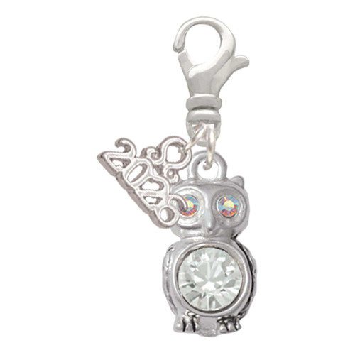 Silver Plated 3-D Clear AB Crystal Owl - Silver Plated Clip on Charm with Mini Year 2026: Year to Remember Jewelry Gift - Celebrations