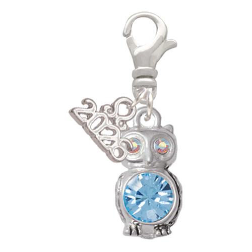 Silver Plated 3-D Light Blue & AB Crystal Owl - Silver Plated Clip on Charm with Mini Year 2026: Year to Remember Jewelry Gift - Celebrations