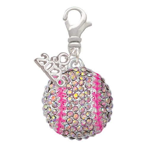 Silver Plated Large Super Sparkle Crystal Pink AB Softball - Silver Plated Clip on Charm with Mini Year 2026: Year to Remember Jewelry Gift - Celebrations