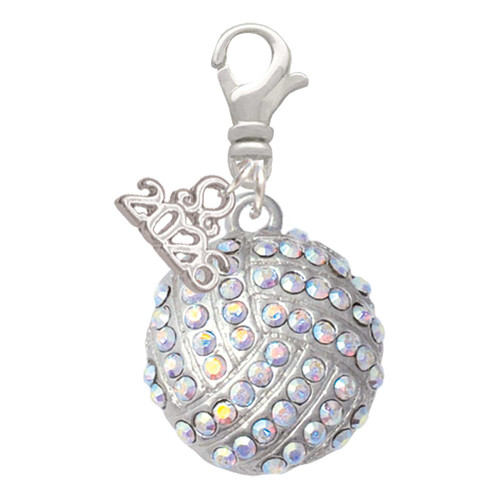 Silver Plated Large Super Sparkle Crystal Clear AB Volleyball - Silver Plated Clip on Charm with Mini Year 2026: Year to Remember Jewelry Gift - Celebrations
