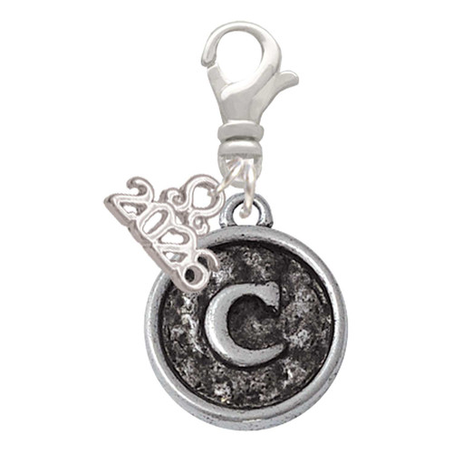 Silver Plated Antiqued Round Seal - Initial - C - Silver Plated Clip on Charm with Mini Year 2026: Year to Remember Jewelry Gift - Celebrations