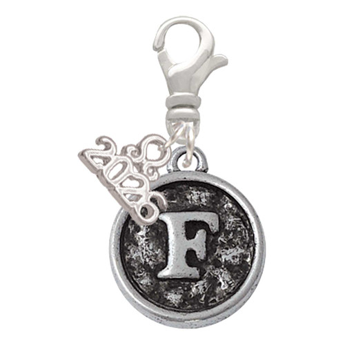 Silver Plated Antiqued Round Seal - Initial - F - Silver Plated Clip on Charm with Mini Year 2026: Year to Remember Jewelry Gift - Celebrations