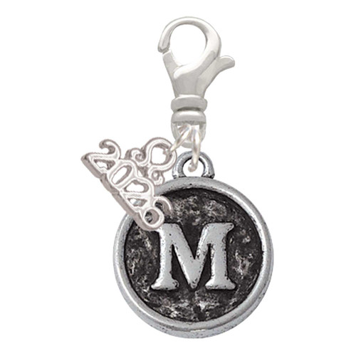 Silver Plated Antiqued Round Seal - Initial - M - Silver Plated Clip on Charm with Mini Year 2026: Year to Remember Jewelry Gift - Celebrations