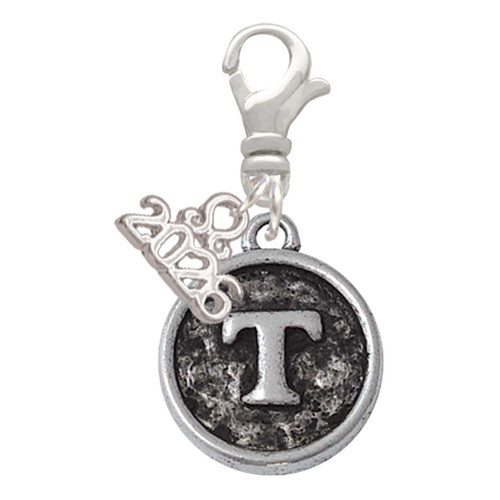Silver Plated Antiqued Round Seal - Initial - T - Silver Plated Clip on Charm with Mini Year 2026: Year to Remember Jewelry Gift - Celebrations