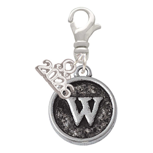 Silver Plated Antiqued Round Seal - Initial - W - Silver Plated Clip on Charm with Mini Year 2026: Year to Remember Jewelry Gift - Celebrations