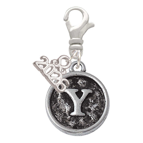 Silver Plated Antiqued Round Seal - Initial - Y - Silver Plated Clip on Charm with Mini Year 2026: Year to Remember Jewelry Gift - Celebrations